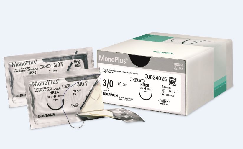 MONOPLUS фіолетовий, розмір USP 4/0(1,5) довжина 90см 2 колючі голки 1/2 кола, довжина (мм) 22, пакування DDP